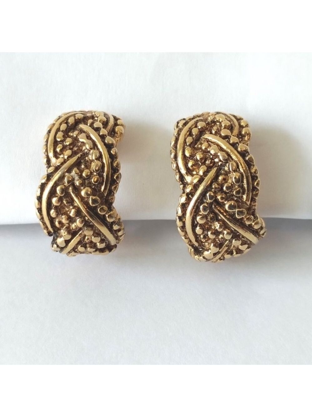 Erwin Pearl Gold Tone Woven Clip On Hoop Earrings Vintage Designer - Picture 4 of 9
